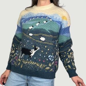 Vintage Wool Sheep Sweater Simply Splendid Pastoral Landscape Dog Scenic Scene M